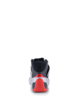 Alpinestars Tech-1 Z V3 Shoes FIA, Auto Racing Shoes, Rear view in Dark Silver Black and Red, featuring a red thermo-formed heel cup and black knitted collar, professional motorsport footwear
