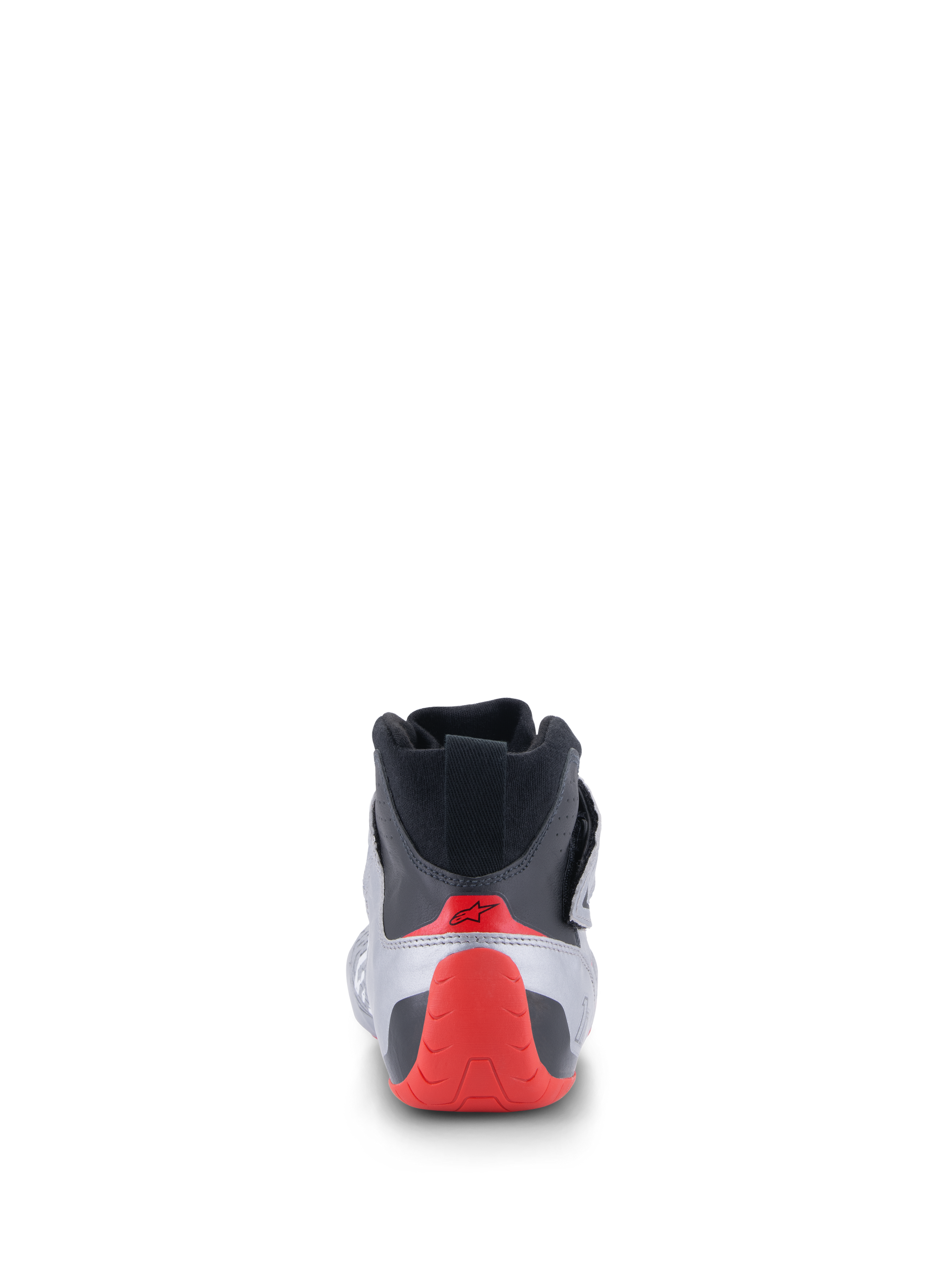 Alpinestars Tech-1 Z V3 Shoes FIA, Auto Racing Shoes, Rear view in Dark Silver Black and Red, featuring a red thermo-formed heel cup and black knitted collar, professional motorsport footwear