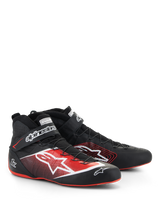 Alpinestars Tech-1 Z V3 Shoes FIA, Auto Racing Shoes, Black with Red and White accents, featuring a large white star logo on the side, thin red soles, and a precision wire lacing system with an ankle strap.