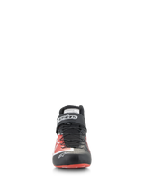 Alpinestars Tech-1 Z V3 Shoes FIA, Auto Racing Shoes, Black and Red, front view, featuring a speed lacing system, velcro ankle strap with white branding, and a premium leather upper with red graphic accents, professional motorsport footwear