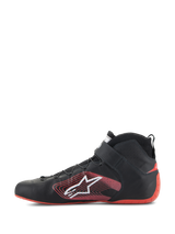 Alpinestars Tech-1 Z V3 Shoes FIA, Auto Racing Shoes, Black and Red, side profile view, premium leather construction with red heel counter, white Astars logo with red linear graphic, ankle strap and thin laces