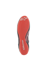 Alpinestars Tech-1 Z V3 Shoes FIA, Bottom view of racing shoe sole, Vibrant Red textured rubber, Asymmetric tread pattern for high grip and pedal sensitivity, White Alpinestars logo and script branding