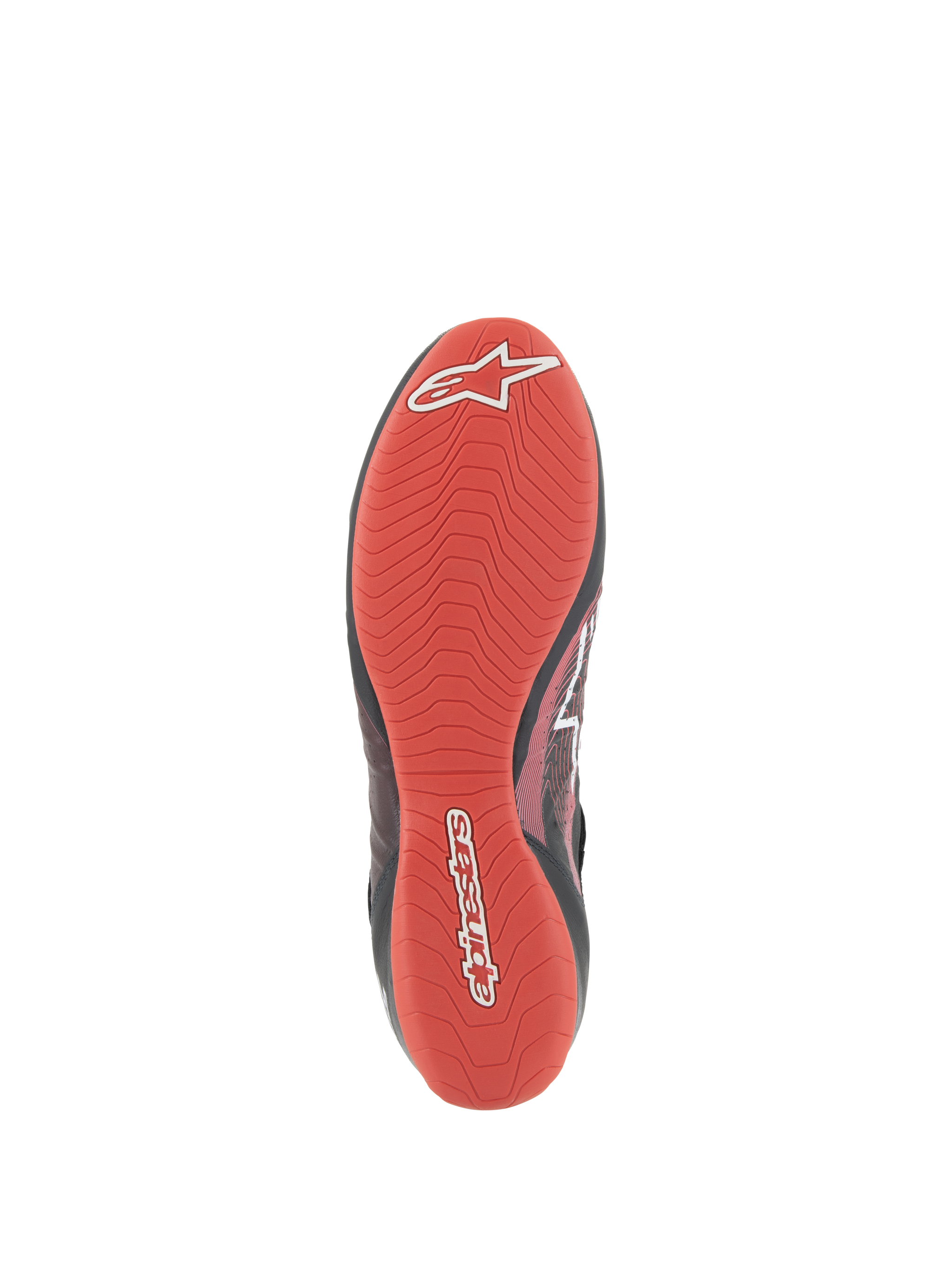 Alpinestars Tech-1 Z V3 Shoes FIA, Bottom view of racing shoe sole, Vibrant Red textured rubber, Asymmetric tread pattern for high grip and pedal sensitivity, White Alpinestars logo and script branding
