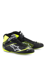 Alpinestars Tech-1 Z V3 Shoes FIA, Auto Racing Shoes, Black and Yellow Fluo, featuring white Astars logo, speed lacing system, and ankle strap, high-top leather design for professional motorsport