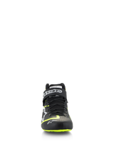Alpinestars Tech-1 Z V3 Shoes FIA, Auto Racing Footwear, Black and Yellow Fluo, front view, featuring a dual-closure speed lacing system and branded ankle strap, bright yellow accents on the toe and sole, premium leather construction.