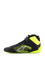 Alpinestars Tech-1 Z V3 Shoes FIA, Auto Racing Shoes, Black and Yellow Fluo, side profile view, premium leather upper with speed lacing and ankle strap, bold yellow graphic logo on the side, fluorescent yellow heel and collar accents