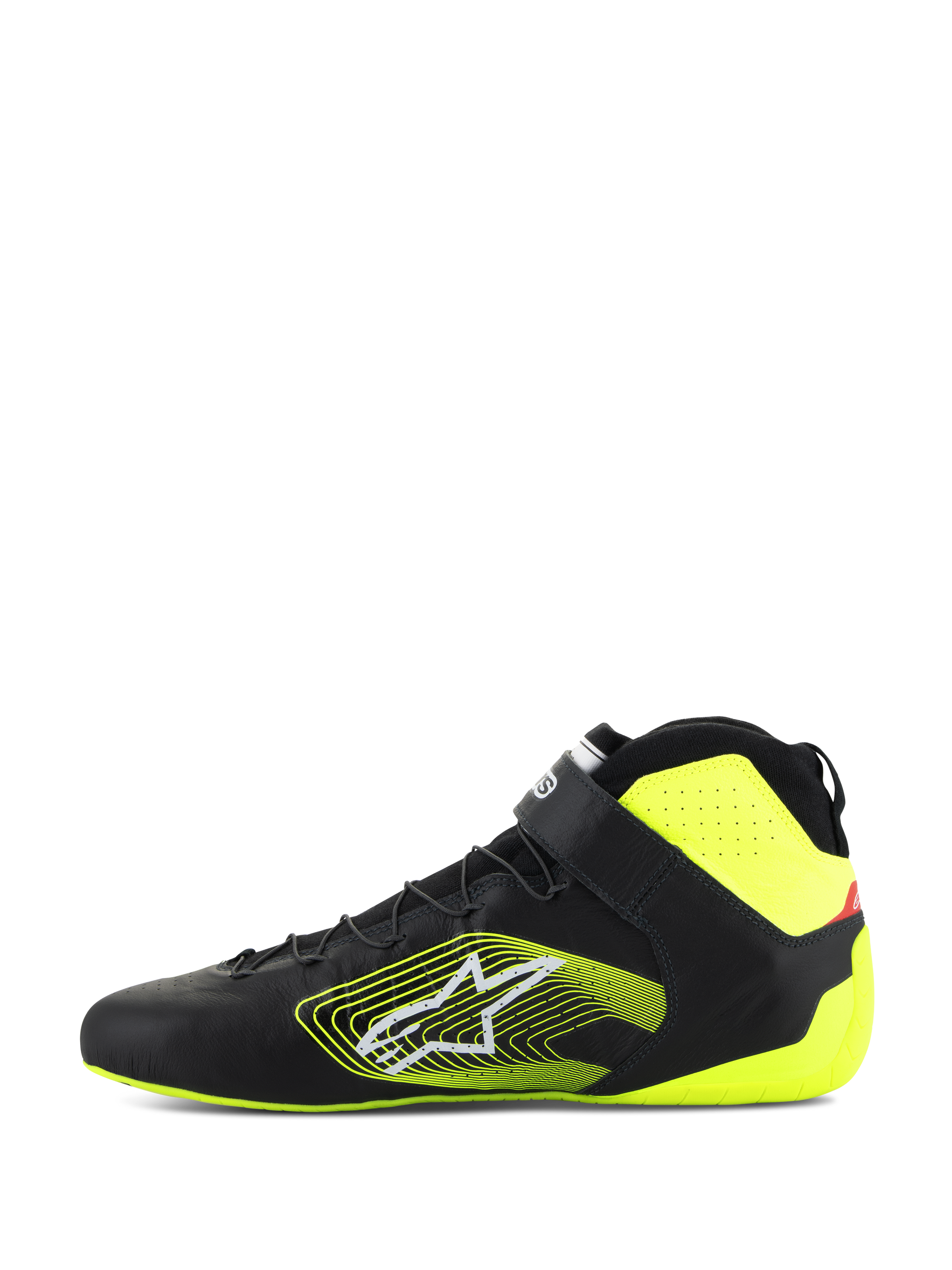 Alpinestars Tech-1 Z V3 Shoes FIA, Auto Racing Shoes, Black and Yellow Fluo, side profile view, premium leather upper with speed lacing and ankle strap, bold yellow graphic logo on the side, fluorescent yellow heel and collar accents