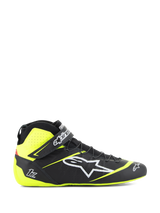 Alpinestars Tech-1 Z V3 Shoes FIA, Auto Racing Shoes, Black and Yellow Fluo, side profile of high-top motorsport footwear, white star logo, perforated design for breathability, adjustable ankle strap, thin rubber sole.