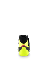 Alpinestars Tech-1 Z V3 Shoes FIA, Auto Racing Shoes, Black and Yellow Fluo, Rear view showing fluorescent yellow heel counter and red accent with white logo, professional motorsport footwear