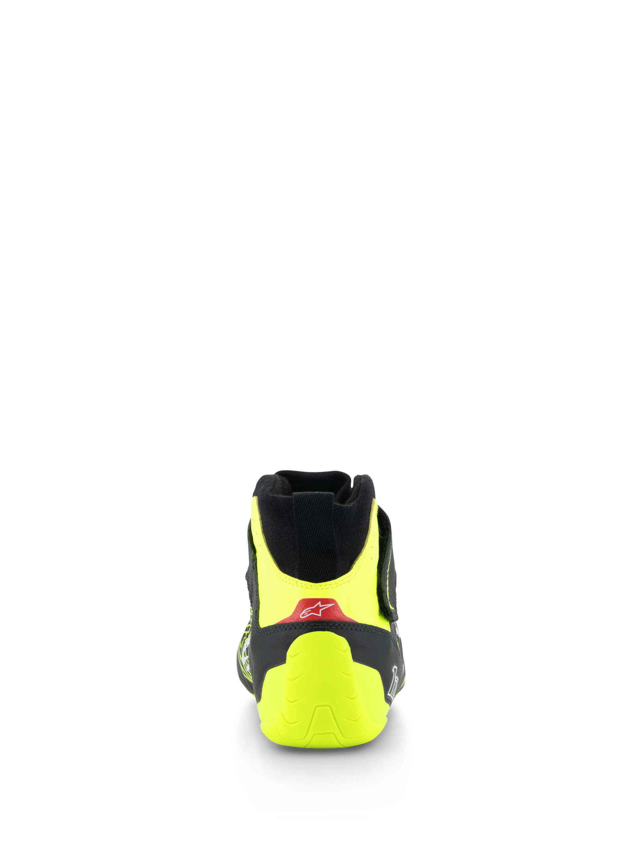 Alpinestars Tech-1 Z V3 Shoes FIA, Auto Racing Shoes, Black and Yellow Fluo, Rear view showing fluorescent yellow heel counter and red accent with white logo, professional motorsport footwear
