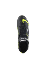 Alpinestars Tech-1 Z V3 Shoes FIA, Auto Racing Shoes, Black and Yellow Fluo, top-down view showing dual-closure speed lacing system, Velcro strap with branding, and premium leather construction for professional motorsport.