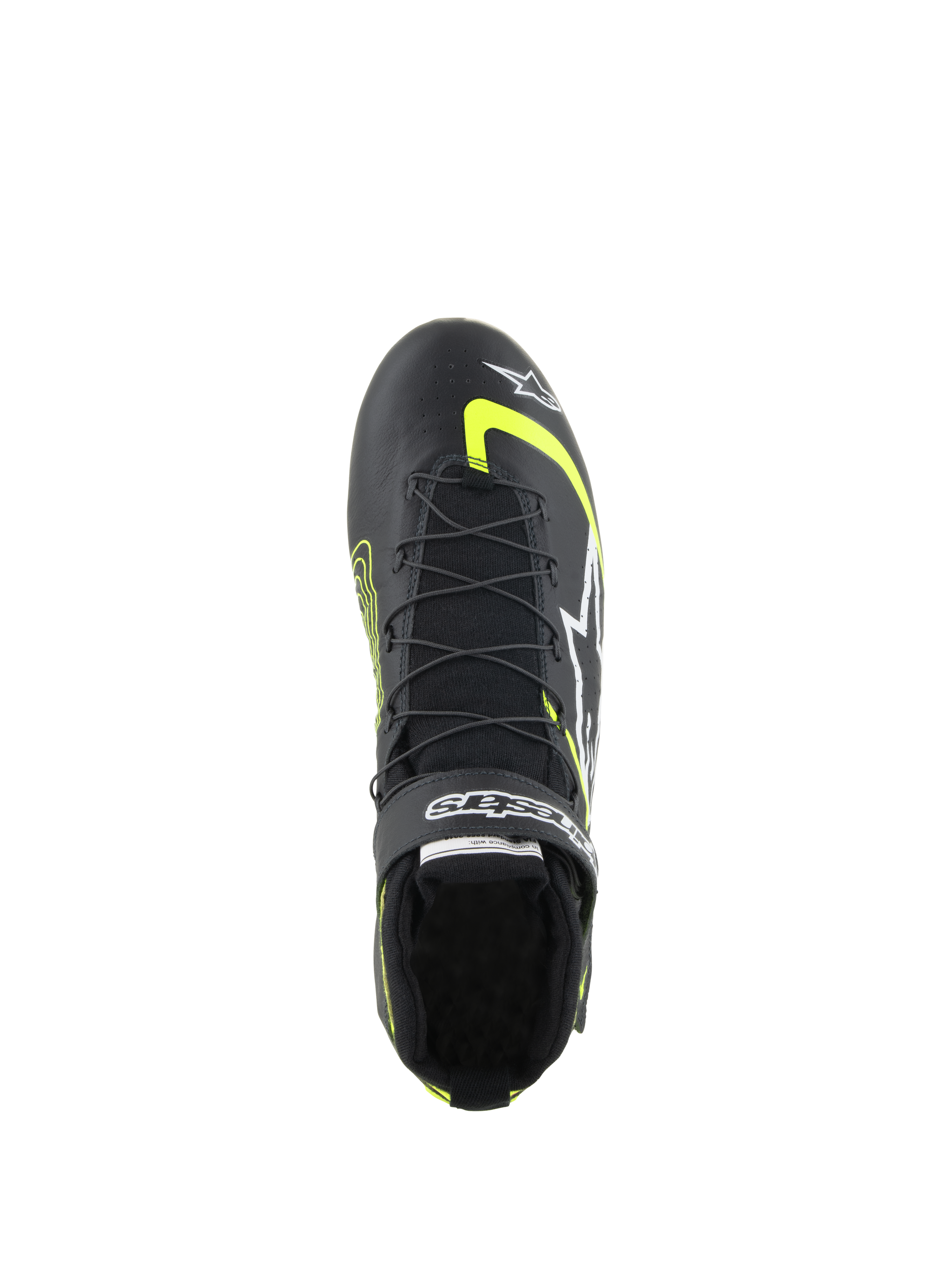 Alpinestars Tech-1 Z V3 Shoes FIA, Auto Racing Shoes, Black and Yellow Fluo, top-down view showing dual-closure speed lacing system, Velcro strap with branding, and premium leather construction for professional motorsport.