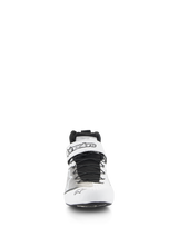 Alpinestars Tech-1 Z V3 Shoes FIA, professional auto racing footwear, White and Black, front view showing speed lacing system and top Velcro strap with Alpinestars branding, perforated leather upper for breathability.