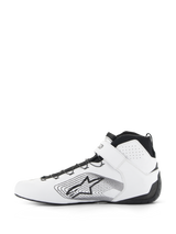 Alpinestars Tech-1 Z V3 Shoes FIA, Auto Racing Shoes, White and Black, side profile of premium leather racing shoe featuring black speed lacing, white ankle strap, and Alpinestars star logo with linear graphic on the side