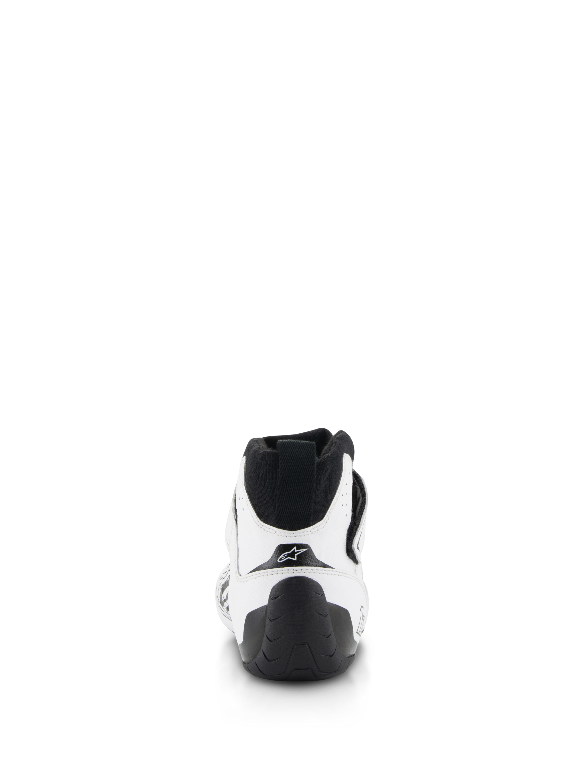 Alpinestars Tech-1 Z V3 Shoes FIA, Auto Racing Shoes, White and Black, rear view featuring a black heel pull tab, textured rubber sole, and white bovine leather upper with Alpinestars star logo