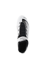 Alpinestars Tech-1 Z V3 Shoes FIA, Auto Racing Shoes, White and Black, top-down view showing speed lacing system, branded velcro ankle strap, black knitted tongue, and perforated leather upper for auto racing performance