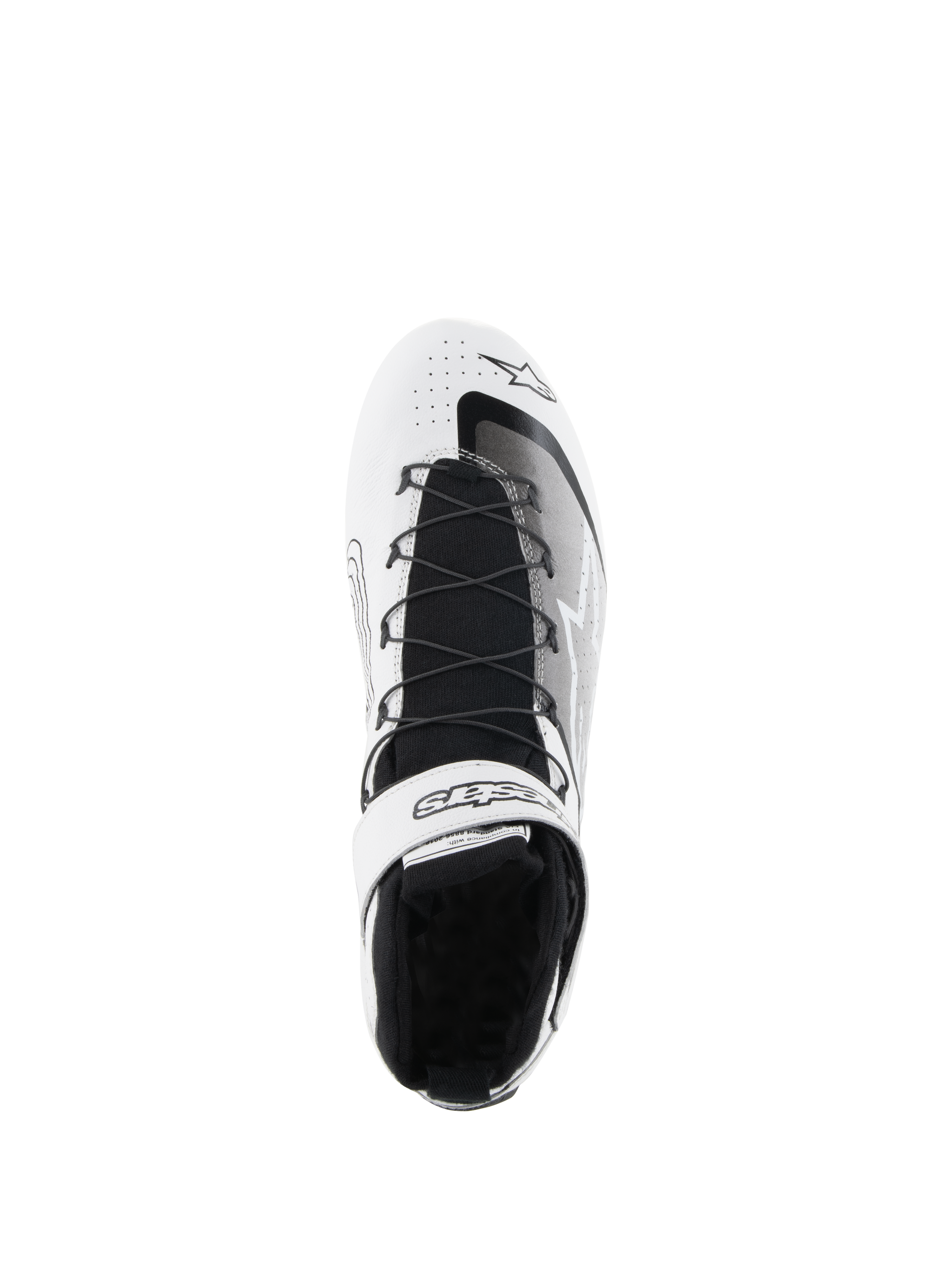 Alpinestars Tech-1 Z V3 Shoes FIA, Auto Racing Shoes, White and Black, top-down view showing speed lacing system, branded velcro ankle strap, black knitted tongue, and perforated leather upper for auto racing performance
