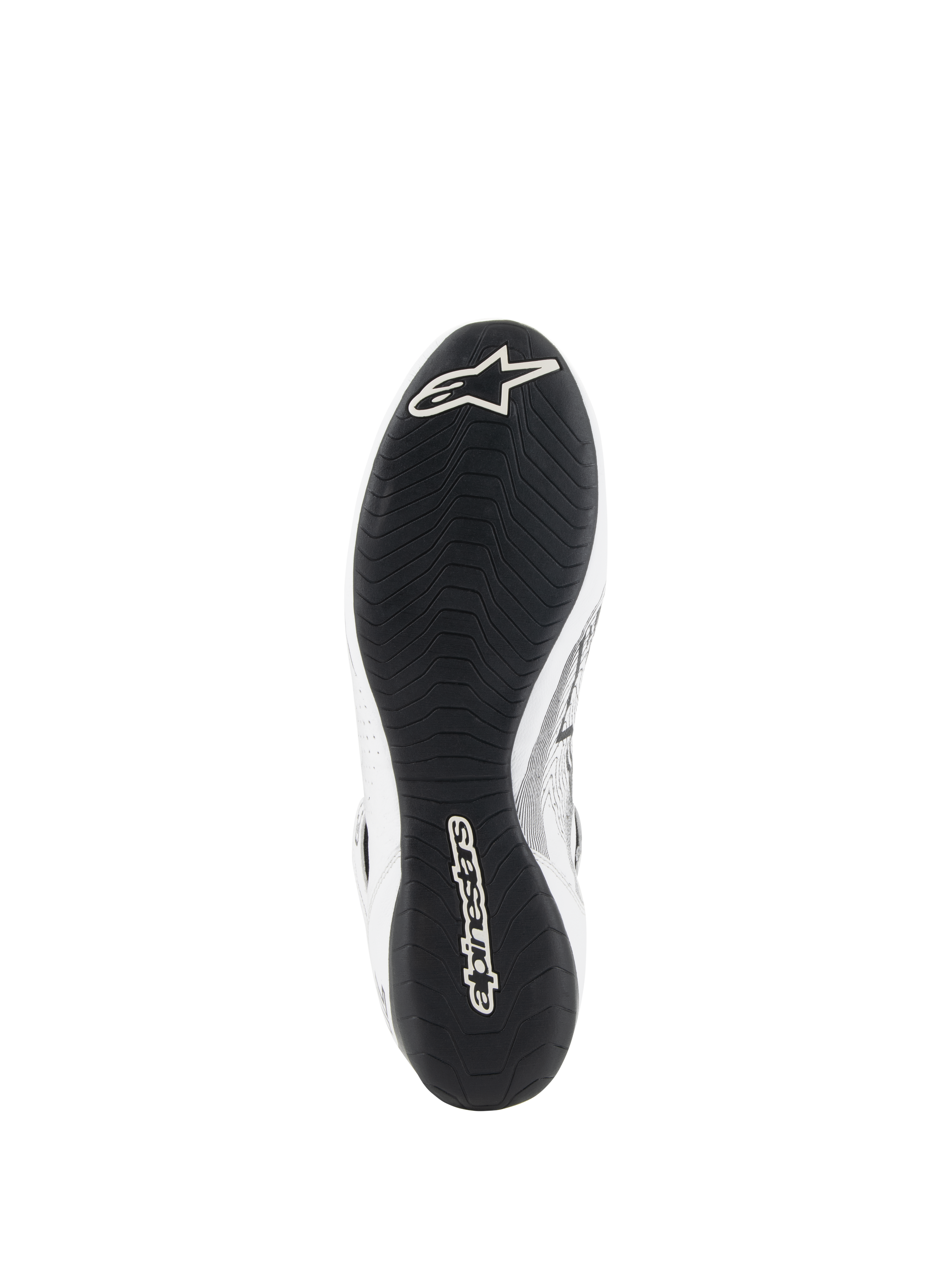 Alpinestars Tech-1 Z V3 Shoes FIA, Auto Racing Shoes, White and Black, bottom view showing the F1-derived thin rubber outsole with asymmetric tread, white Alpinestars logo on the toe and branding on the heel