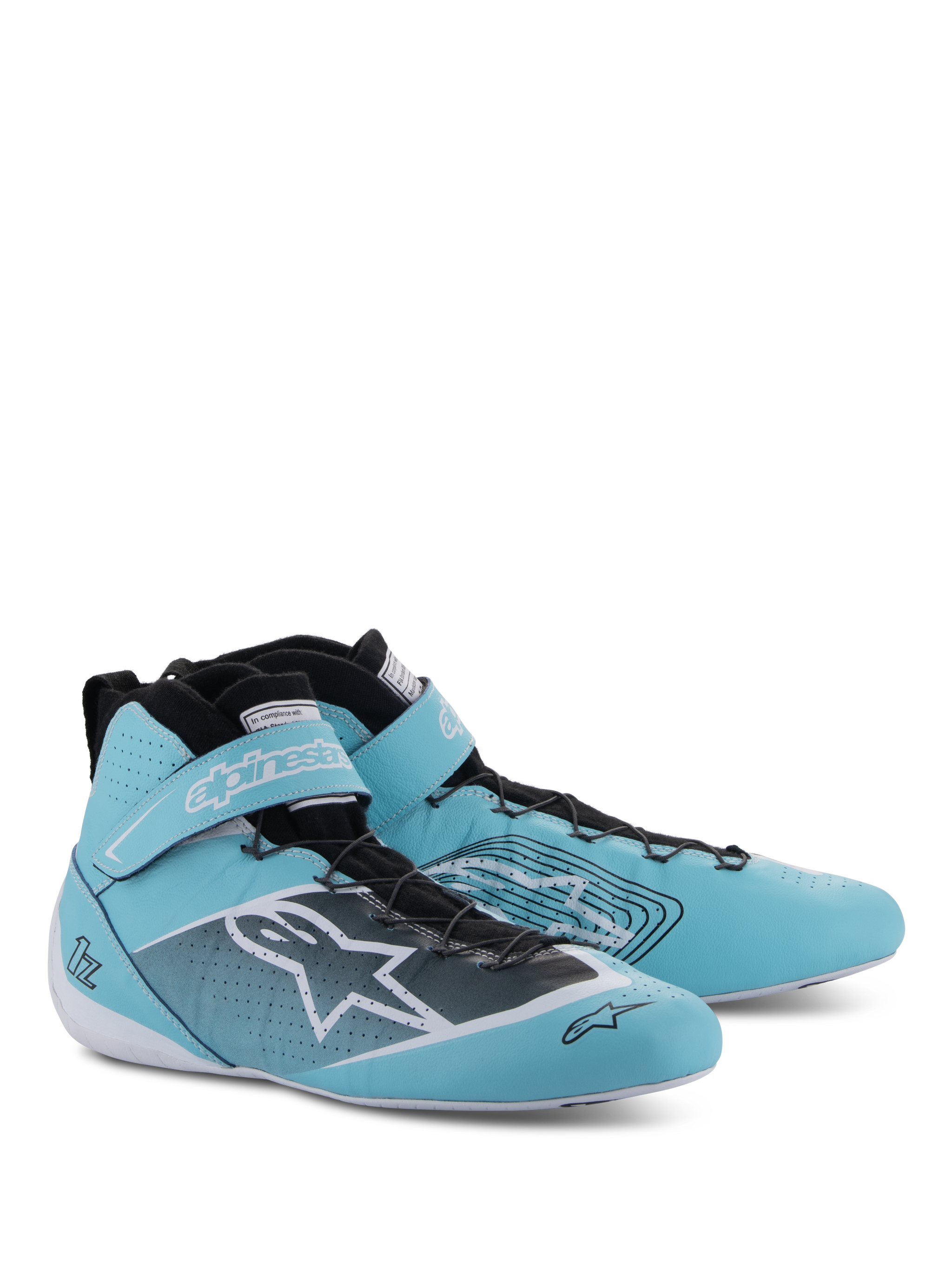 Alpinestars Tech-1 Z V3 Shoes FIA, Auto Racing Shoes, Light Teal White and Black, high-top design with velcro ankle strap, featuring prominent Alpinestars branding and perforated leather detailing for performance