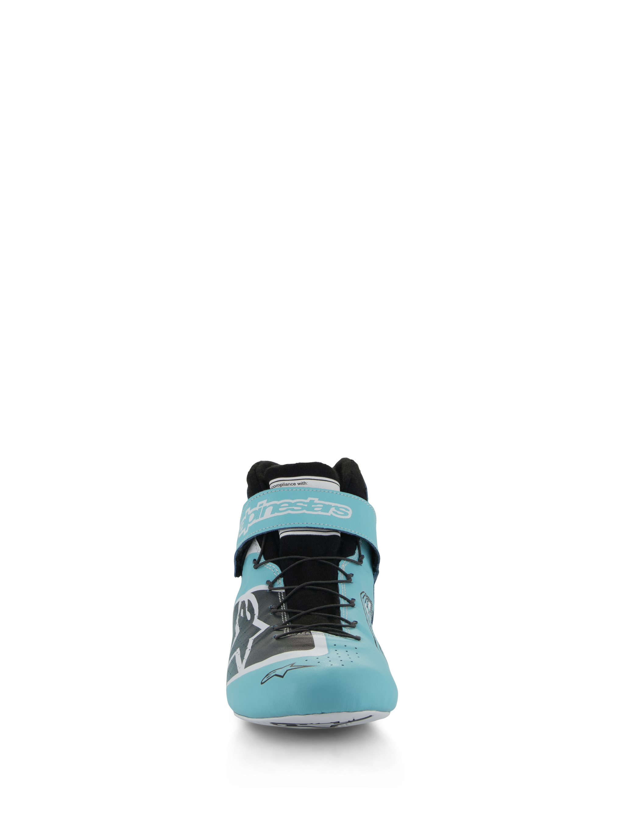 Alpinestars Tech-1 Z V3 Shoes FIA, Auto Racing Shoes, Light Teal White and Black, front view showing the premium leather upper, speed lacing system, and branded velcro ankle strap