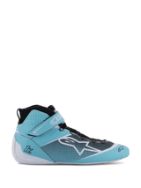 Alpinestars Tech-1 Z V3 Shoes FIA, professional auto racing shoes, Light Teal, White and Black, high-top design with Velcro ankle strap, perforated bovine leather upper, speed lacing system, lateral profile view showing Alpinestars star logo and FIA certified construction