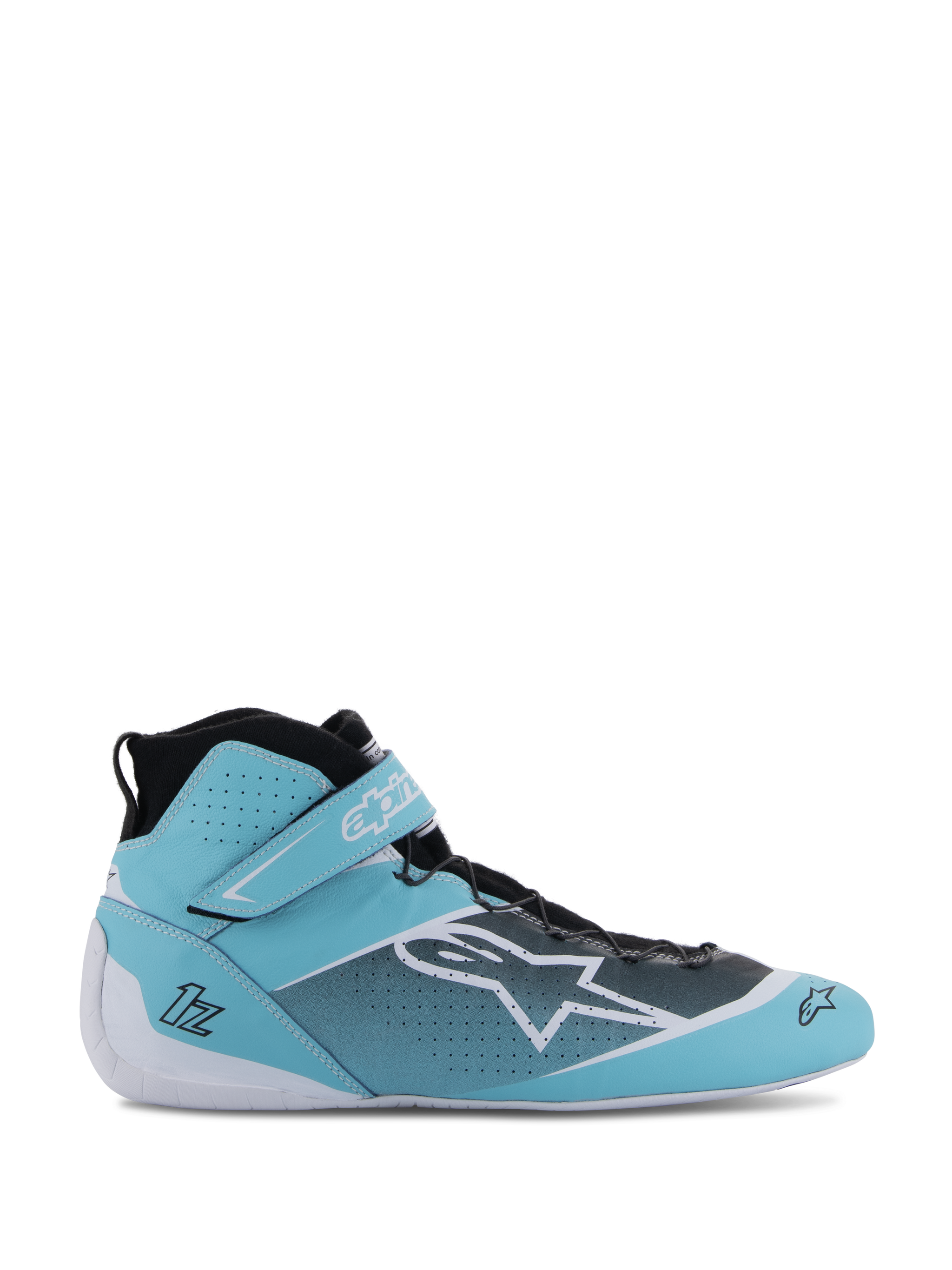 Alpinestars Tech-1 Z V3 Shoes FIA, professional auto racing shoes, Light Teal, White and Black, high-top design with Velcro ankle strap, perforated bovine leather upper, speed lacing system, lateral profile view showing Alpinestars star logo and FIA certified construction