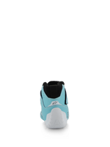 Alpinestars Tech-1 Z V3 Shoes FIA, Auto Racing Shoes, Light Teal White and Black, rear view showing the white thermo-formed heel cup and black knitted stretch collar, professional motorsport footwear
