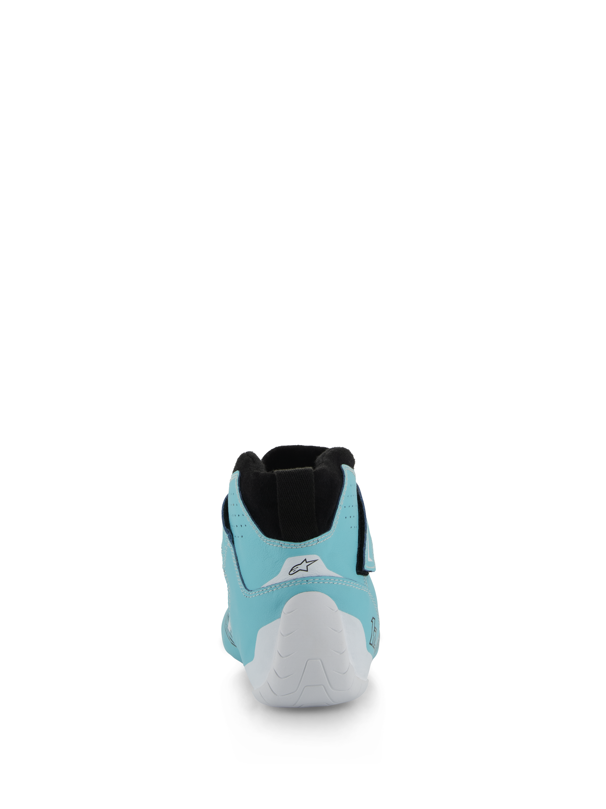 Alpinestars Tech-1 Z V3 Shoes FIA, Auto Racing Shoes, Light Teal White and Black, rear view showing the white thermo-formed heel cup and black knitted stretch collar, professional motorsport footwear