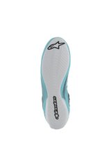 Alpinestars Tech-1 Z V3 Shoes FIA, Auto Racing Footwear, Light Teal and White, bottom view featuring a white rubber sole with black Alpinestars logo and wordmark, asymmetric tread pattern for grip and pedal feel.