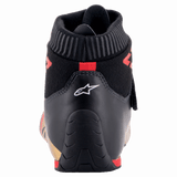 Alpinestars Supermono V2 Shoes FIA, Rear view of racing shoe heel, Black with white star logo and red accents, featuring a ribbed fireproof collar and streamlined leather construction