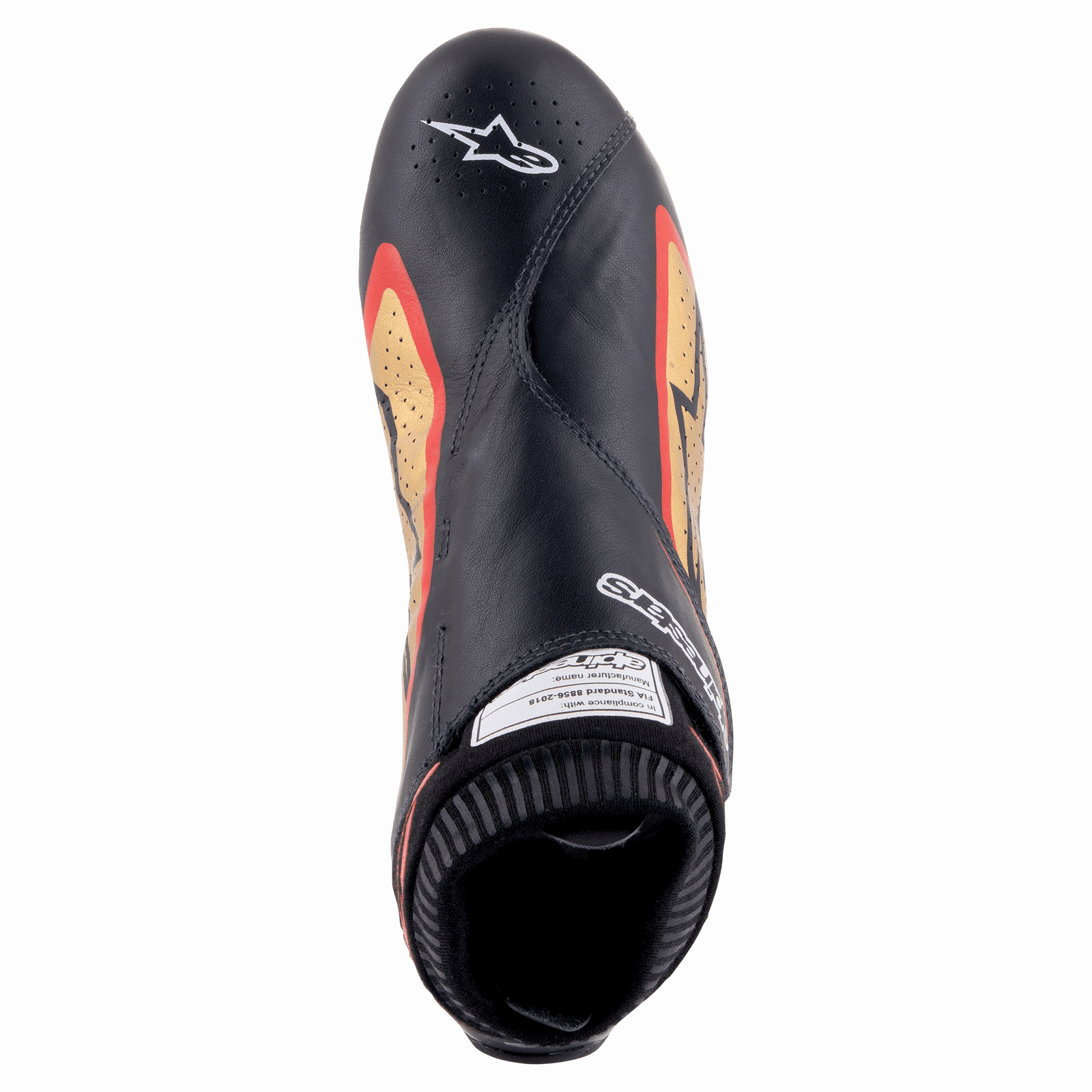 Alpinestars Supermono V2 Shoes FIA, Black Gold Red, top-down view of ultra-lightweight racing shoe, premium black leather with gold and red side accents, perforated zones for ventilation, and Alpinestars logo on the toe.