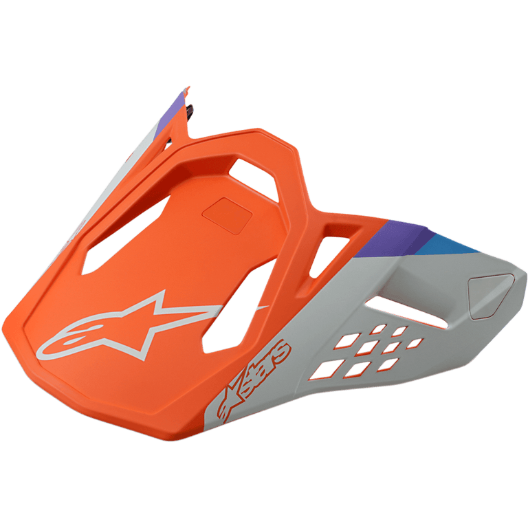 Alpinestars S-M8 Contact Helmet Visor, Motocross Helmet Replacement Peak, Matte Orange and Grey with blue and purple accents, angular design with ventilation cutouts, featuring white star logo and Astars lettering