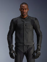 Alpinestars Dusk Airflow Leather Jacket, Black Motorcycle Jacket, Perforated Leather with Protective Padding on Shoulders, Form-Fitting Design, Worn with Matching Black Armored Gloves