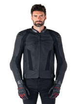 Alpinestars Missile V3 Leather Jacket, Black Motorcycle Racing Jacket, worn by model with matching black gloves and pants, featuring perforated leather for ventilation, external shoulder sliders, and sleek sport riding design