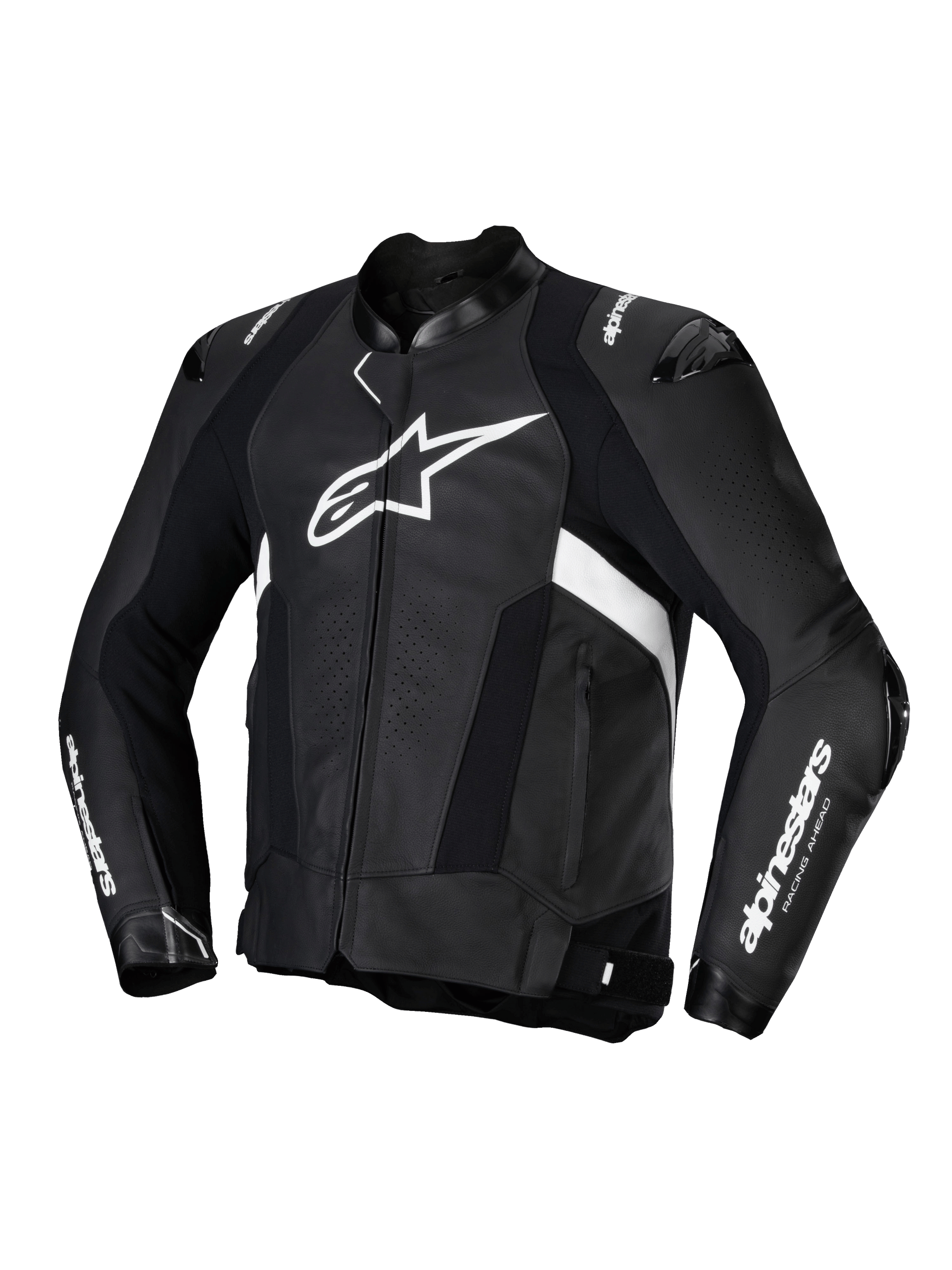 Alpinestars Missile V3 Leather Jacket, men's motorcycle racing jacket in Black and White, premium bovine race leather construction with CE certification and shoulder and elbow armor