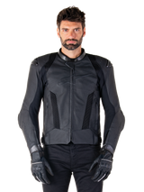 Alpinestars Missile V3 Airflow Leather Jacket, Black, Motorcycle Racing Jacket, worn by a model with black gloves and pants, featuring perforated leather panels, mesh ventilation, and external shoulder protectors, premium leather construction for sport riding.