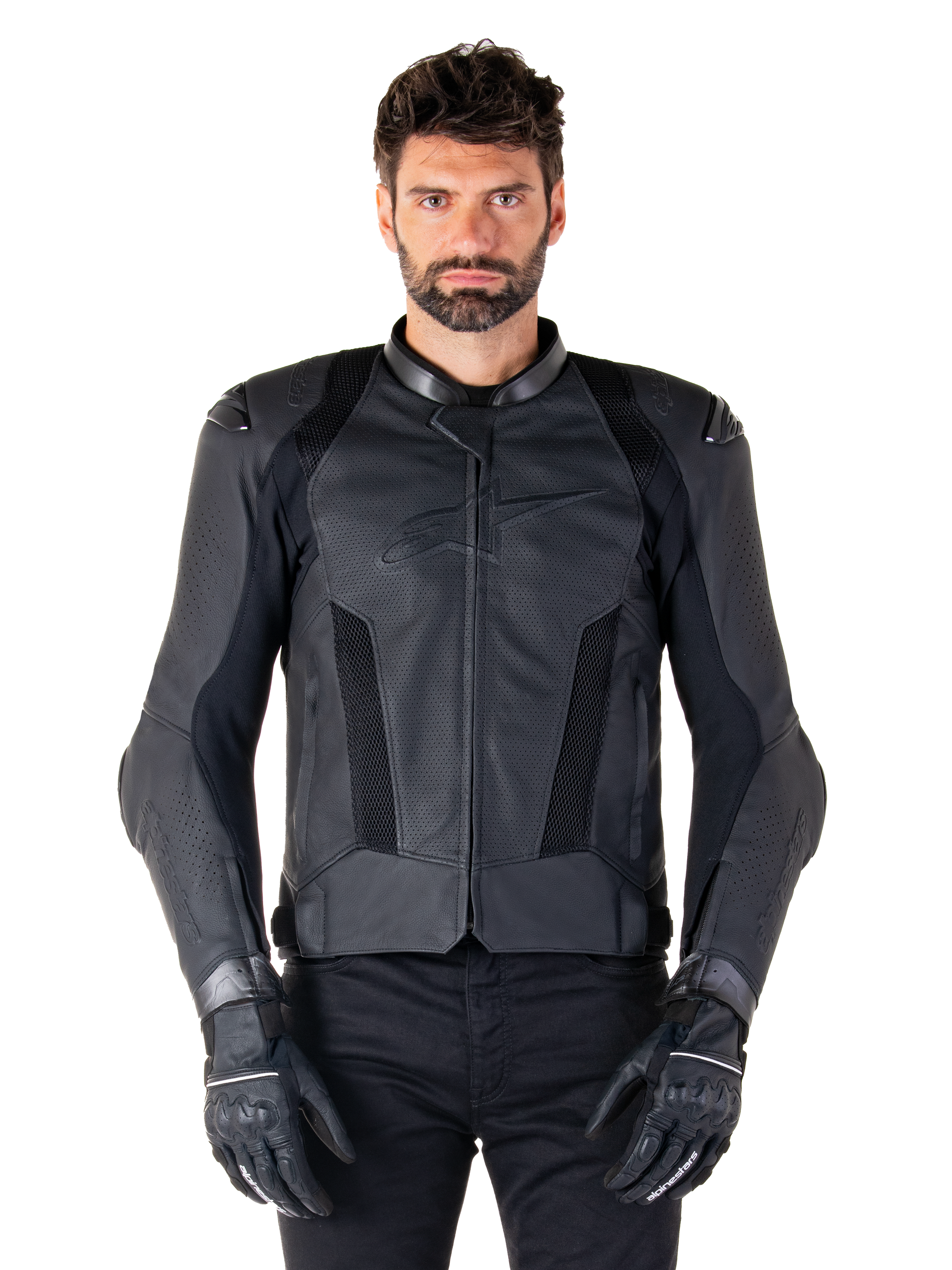 Alpinestars Missile V3 Airflow Leather Jacket, Black, Motorcycle Racing Jacket, worn by a model with black gloves and pants, featuring perforated leather panels, mesh ventilation, and external shoulder protectors, premium leather construction for sport riding.