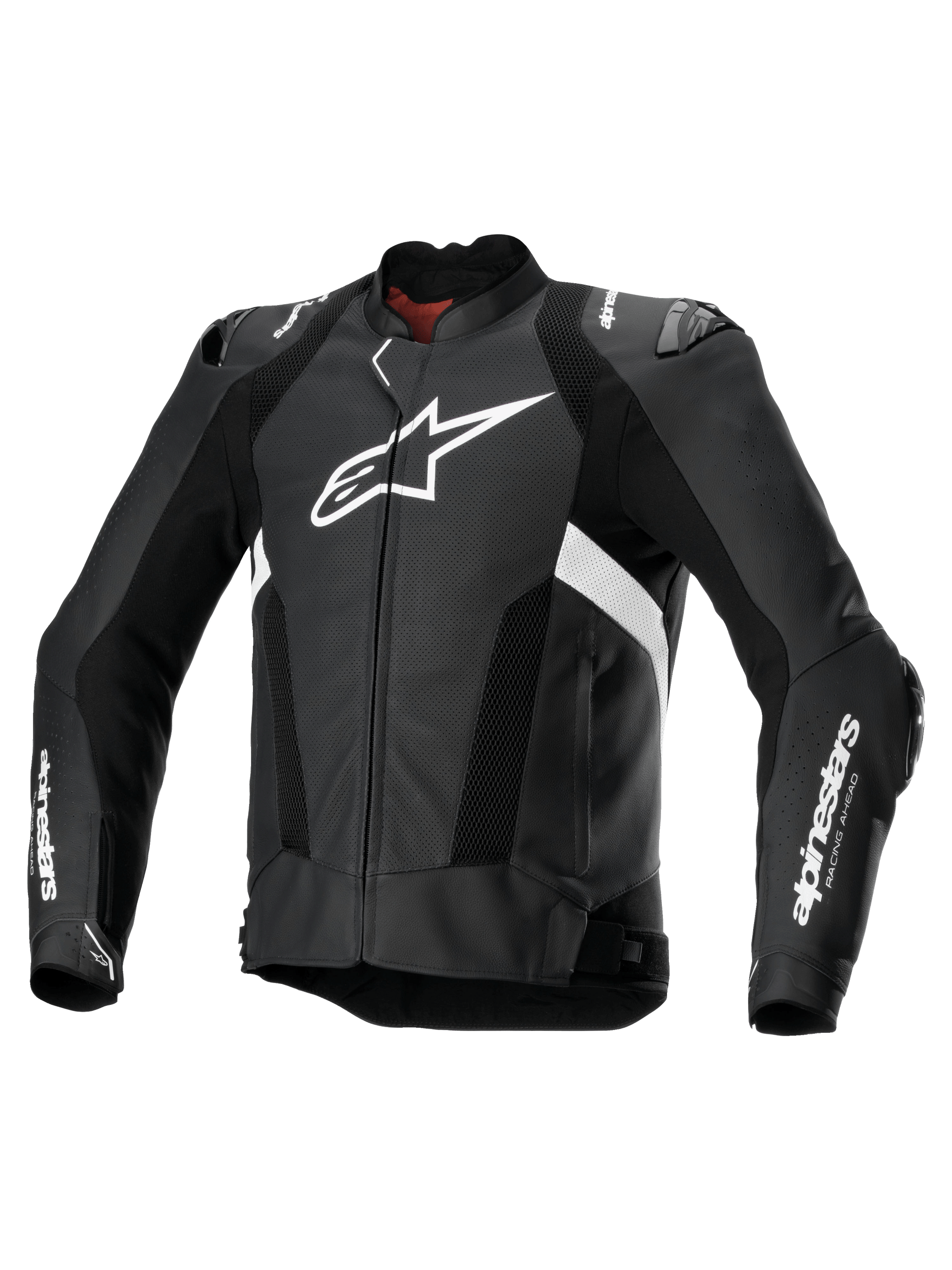 Alpinestars Missile V3 Airflow Leather Jacket, men's perforated racing sport motorcycle jacket in black and white, premium bovine leather with shoulder and elbow armor and Tech-Air compatibility