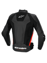 Alpinestars Missile V3 Airflow Leather Jacket, Men's Racing and Sport Motorcycle Jacket, Back View, Black with White and Red Fluo Accents, Perforated Leather Construction with CE Certified Protection