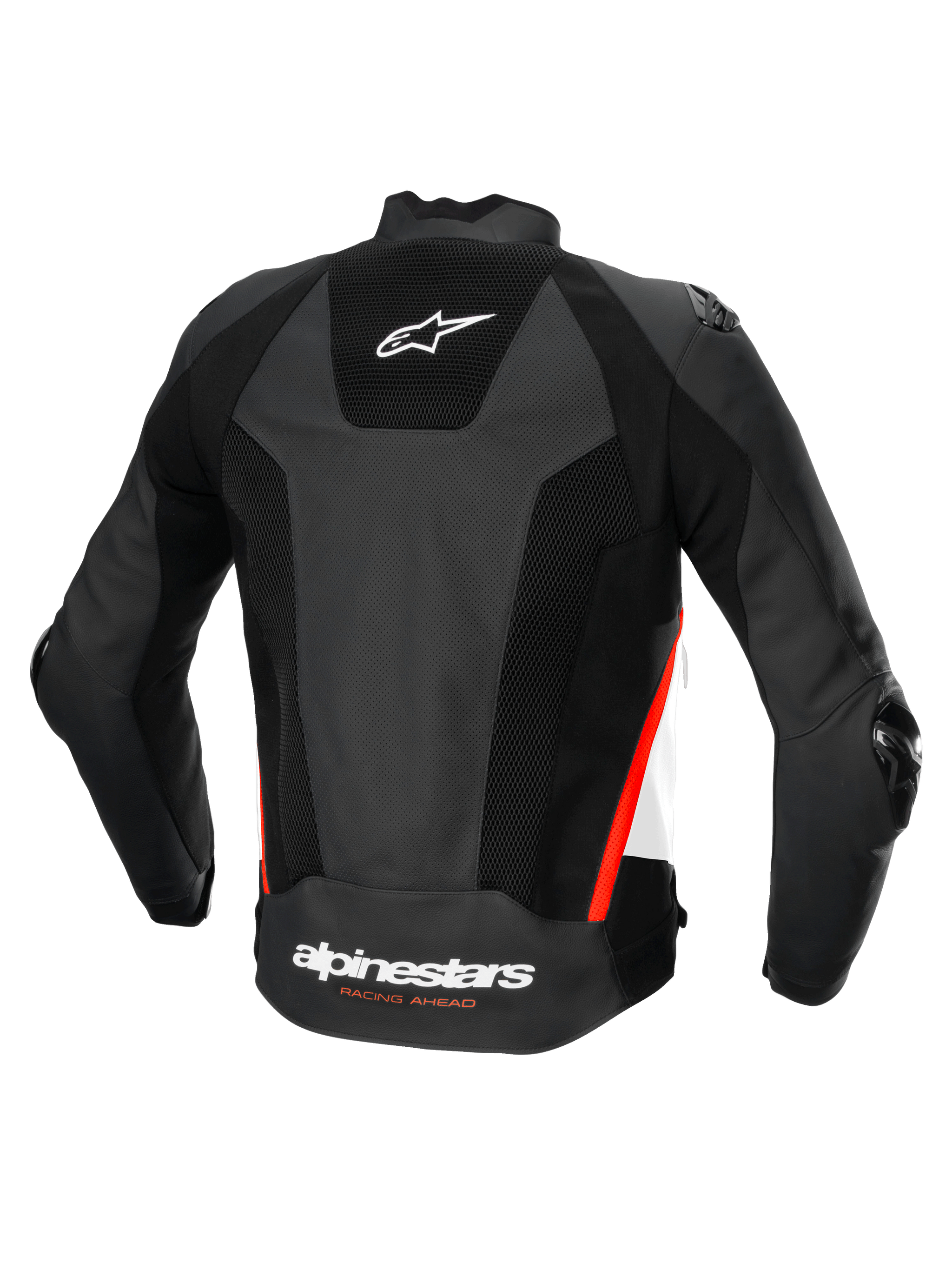 Alpinestars Missile V3 Airflow Leather Jacket, Men's Racing and Sport Motorcycle Jacket, Back View, Black with White and Red Fluo Accents, Perforated Leather Construction with CE Certified Protection