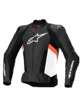 Alpinestars Missile V3 Airflow Leather Jacket, Men's Racing and Sport Motorcycle Jacket in Black, White, and Red Fluo, featuring perforated bovine race leather construction and CE certification