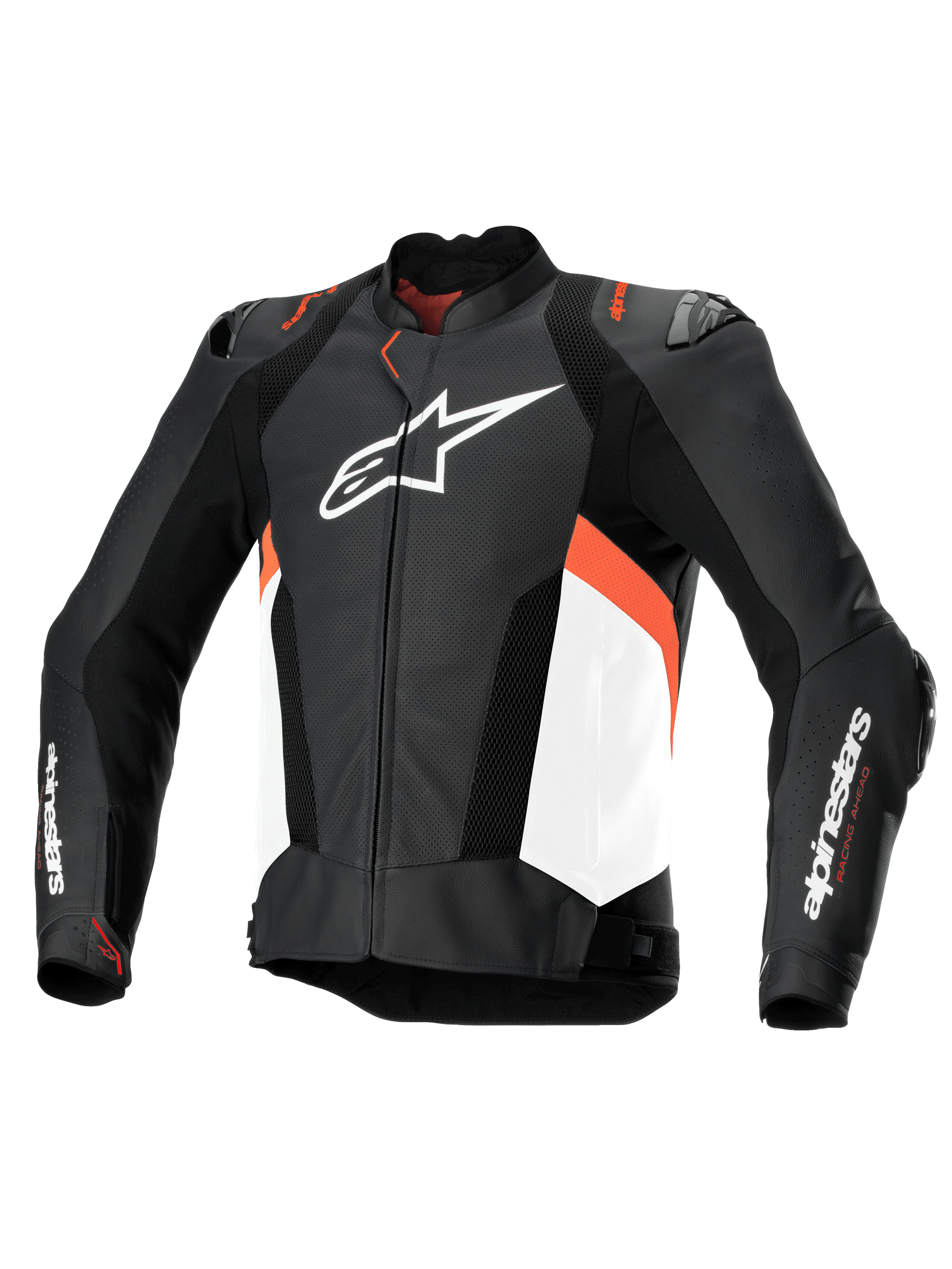 Alpinestars Missile V3 Airflow Leather Jacket, Men's Racing and Sport Motorcycle Jacket in Black, White, and Red Fluo, featuring perforated bovine race leather construction and CE certification