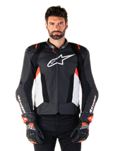 Alpinestars Missile V3 Airflow Leather Jacket, Motorcycle Racing Jacket, Black and White with Red Fluo accents, perforated ventilation panels, white star logo on chest, worn with black and red gloves, premium leather construction