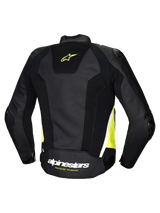 Alpinestars Missile V3 Airflow Leather Jacket, men's racing motorcycle jacket, back view showing black, yellow fluo, and white colorway with perforated leather and stretch panels, CE certified AA class