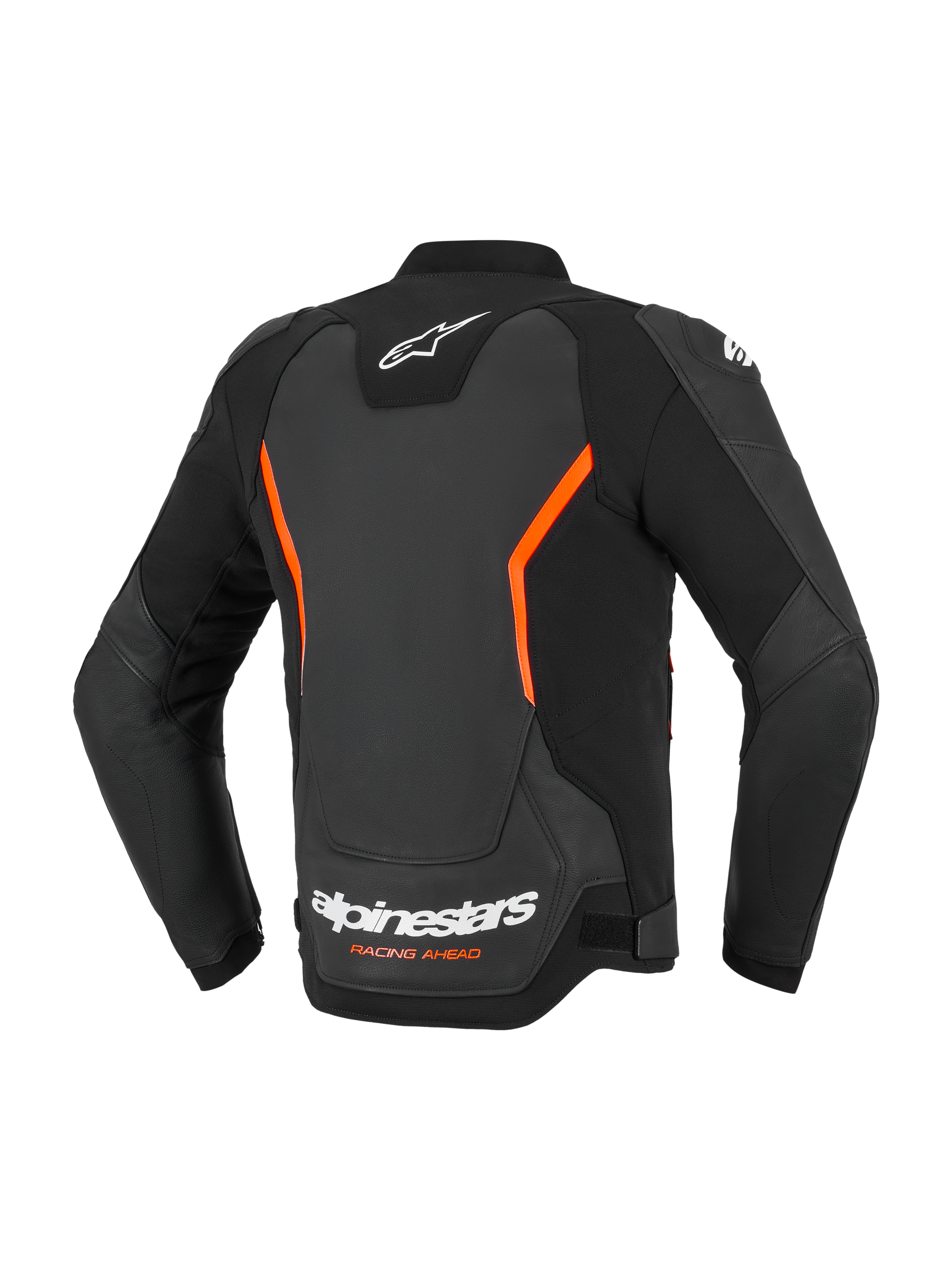 Alpinestars GP Force V2 Leather Jacket, Leather Motorcycle Jacket, Black and Red Fluo, back view featuring white Alpinestars logos and orange Racing Ahead text, fluo red angular accents, multi-panel construction with pre-curved sleeves