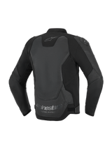 Alpinestars GP Force V2 Leather Jacket, Motorcycle Jacket, Black, back view highlighting multi-panel leather and textile construction, featuring the Alpinestars logo on the neck and 'Racing Ahead' branding at the lower hem.