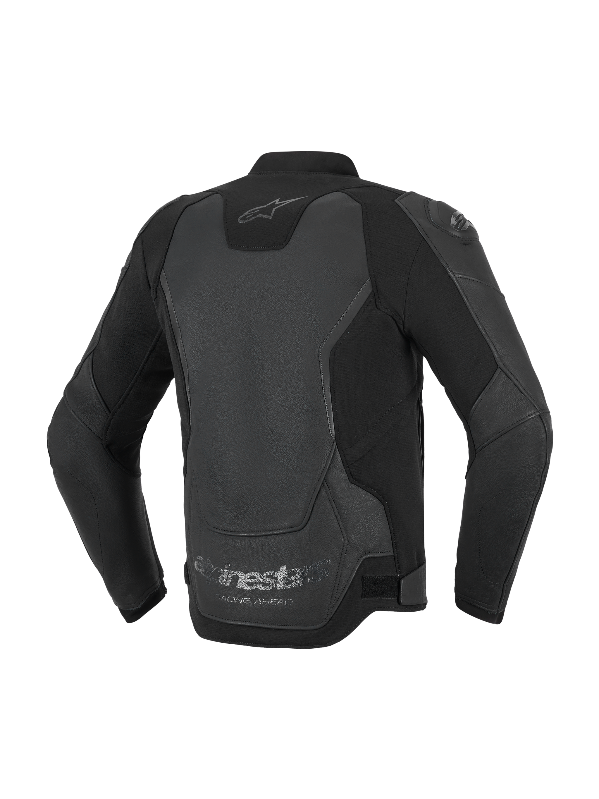 Alpinestars GP Force V2 Leather Jacket, Motorcycle Jacket, Black, back view highlighting multi-panel leather and textile construction, featuring the Alpinestars logo on the neck and 'Racing Ahead' branding at the lower hem.
