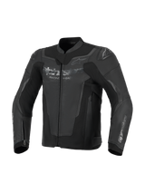 Alpinestars GP Force V2 Leather Jacket, Black, premium bovine leather construction with high-stretch panels, featuring integrated GP Lite Evo DFS shoulder protectors and Alpinestars logos on the chest and sleeves, sport motorcycle riding gear