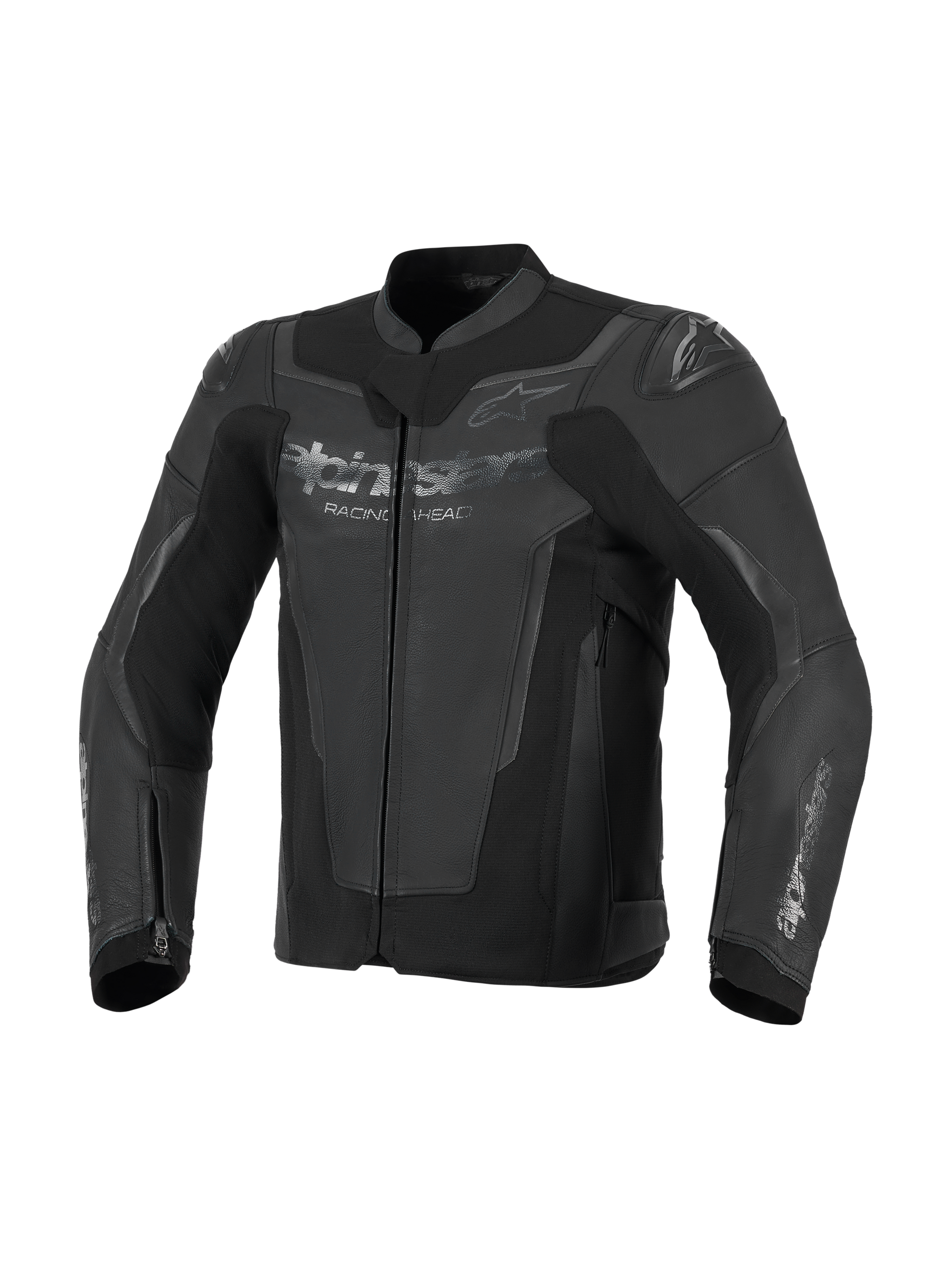 Alpinestars GP Force V2 Leather Jacket, Black, premium bovine leather construction with high-stretch panels, featuring integrated GP Lite Evo DFS shoulder protectors and Alpinestars logos on the chest and sleeves, sport motorcycle riding gear
