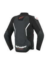 Alpinestars GP Force V2 Leather Jacket, Black with white and red accents, rear view showing red Astar logo on upper back and white Alpinestars branding on lower back, sport-fit leather motorcycle jacket with accordion stretch panels.